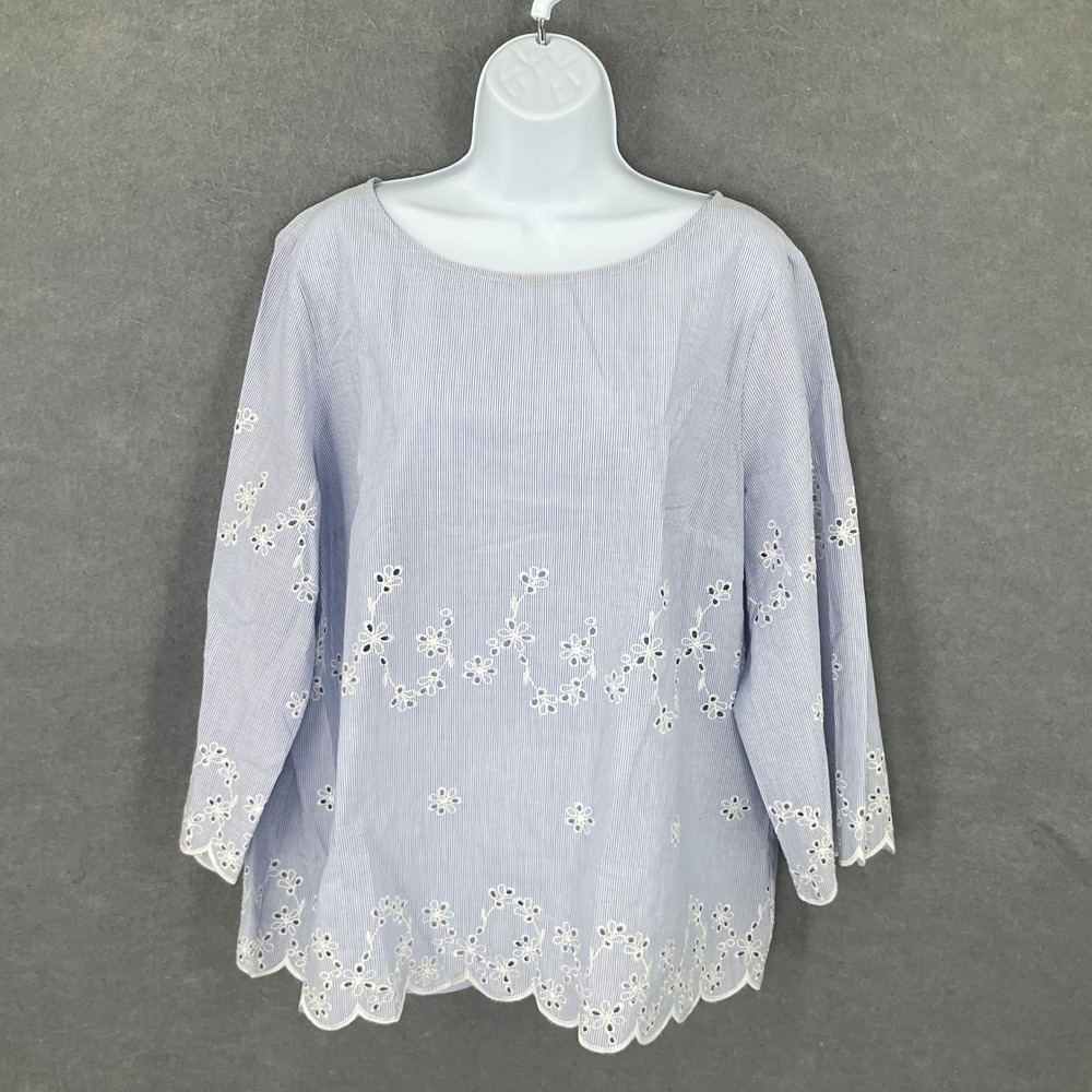 Liz Claiborne Top Women‎ Sz XL Blue Striped Eyelet Blouse 3/4 Sleeve Lightweight